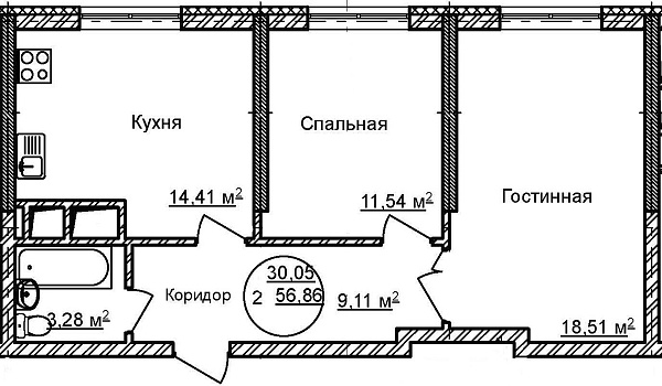 2-к квартира, 56 м², 30/32 эт., ЖК «Некрасовский» с. К