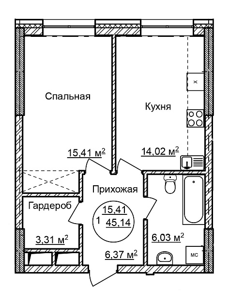 1-к квартира, 45 м², 12/32 эт., Комплекс апартаментов «CENTRAL PARK II»