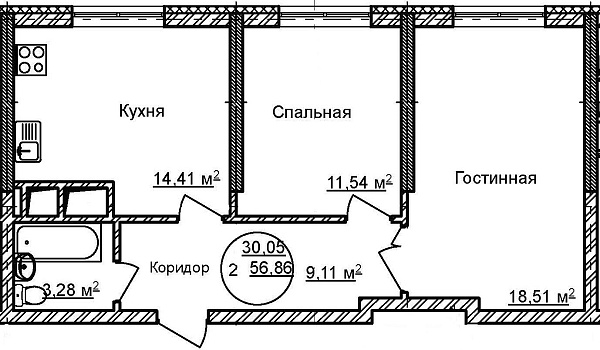 2-к квартира, 56 м², 27/32 эт., ЖК «Некрасовский» с. К