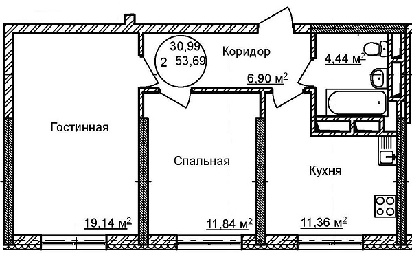 2-к квартира, 53 м², 26/32 эт., ЖК «Некрасовский» с. К