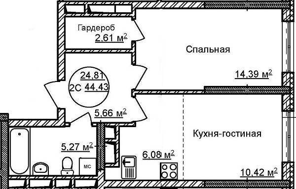 2-к квартира, 44 м², 26/32 эт., ЖК «Некрасовский» с. К