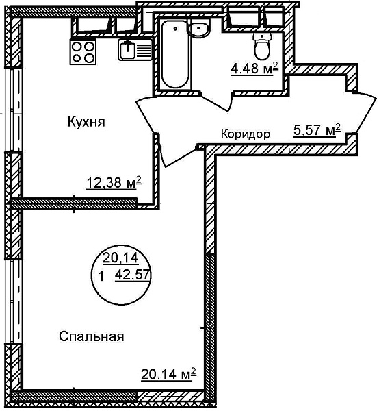 1-к квартира, 42 м², 30/32 эт., ЖК «Некрасовский» с. К