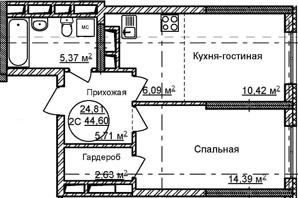 2-к квартира, 44 м², 23/32 эт., ЖК «Некрасовский» с. К