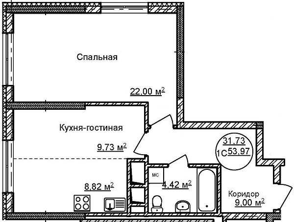 1-к квартира, 53 м², 25/32 эт., ЖК «Некрасовский» с. К