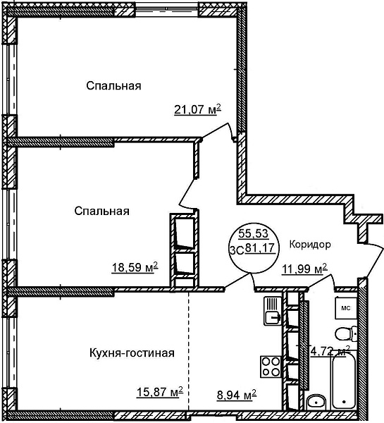 3-к квартира, 81 м², 32/32 эт., ЖК «Некрасовский» с. К