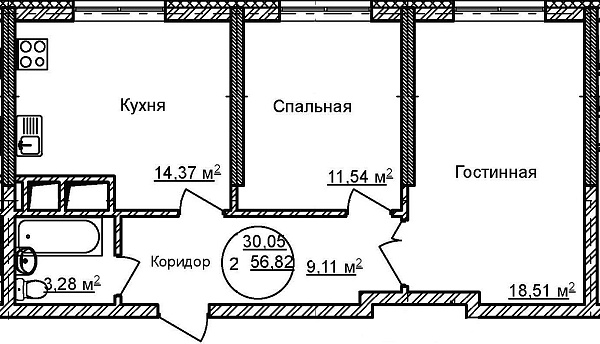 2-к квартира, 56 м², 32/32 эт., ЖК «Некрасовский» с. К